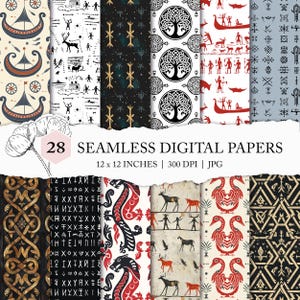 Motif nordique sans couture, motif viking sans couture, papier numérique scandinave, runes vikings, pétroglyphe, motif d'art populaire, motif norvégien