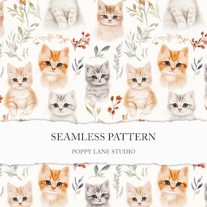kitten seamless pattern, cute baby cat digital paper, watercolour cat printable fabric, cute kitten scrapbook paper, digital file download