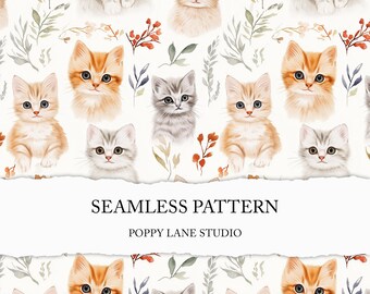 kitten seamless pattern, cute baby cat digital paper, watercolour cat printable fabric, cute kitten scrapbook paper, digital file download