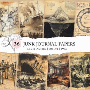 Puede incluir: Una colección de 36 papeles de diario basura de estilo vintage. Los papeles presentan ilustraciones en tonos sepia de un barco, un iceberg, un mapa y escenas de interiores. El texto de la imagen dice "36 JUNK JOURNAL PAPERS 8.5 x 11 INCHES | 300 DPI | PNG".