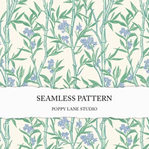 Puede incluir: Un patrón sin costuras que presenta un diseño repetitivo de tallos de bambú verdes y flores azules. El patrón está sobre un fondo crema. El texto "Seamless Pattern" y "Poppy Lane Studio" está en la parte inferior de la imagen.
