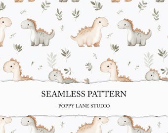 May include: A seamless pattern featuring watercolor illustrations of dinosaurs in shades of brown and gray. The dinosaurs are surrounded by small green leaves. The text "Seamless Pattern" and "Poppy Lane Studio" is included in the design.
