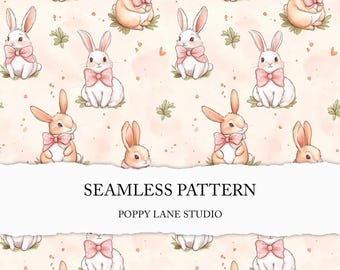 bunnies with bows, cute bunny seamless pattern, rabbit seamless, adorable bunny printable fabric, farmhouse bunny background, Easter bunny