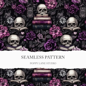 Puede incluir: Un patrón sin costuras con un fondo oscuro con flores moradas, calaveras y pilas de libros. El texto "Seamless Pattern" y "Poppy Lane Studio" está impreso en una pancarta blanca.