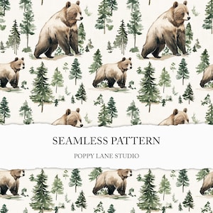 Aquarell Bär nahtlose Muster, Grizzlybär Hintergrund, Waldtiere Nahtlos, Waldtiere Scrapbook JPG, Braunbär digitales Papier