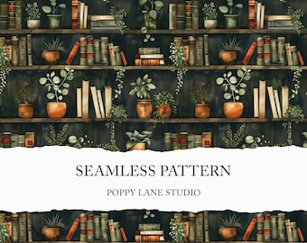 seamless bookshelf pattern, botanical bookshelf seamless background, vintage floral bookshelf, seamless watercolour bookshelf pattern, JPEG