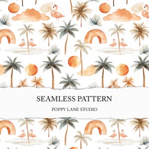 sunset beach pattern, watercolour beach background, seamless beach pattern, tropical beach flamingo sunset palm tree, beach scrapbook paper