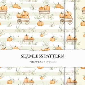 May include: A seamless pattern featuring watercolor pumpkins, hay wagons, and grass on a striped background. The text "SEAMLESS PATTERN" and "POPPY LANE STUDIO" are displayed in the center. The design has a fall or harvest theme.