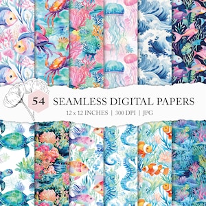 watercolour coral reef pattern, preppy ocean digital paper, colourful ocean backgrounds, seamless coral reef, ocean animals, fish pattern
