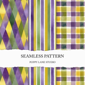 May include: A collection of watercolor seamless patterns in shades of purple, green, and yellow. Designs include diamond, striped, and plaid patterns. The text "SEAMLESS PATTERN" and "POPPY LANE STUDIO" are displayed.