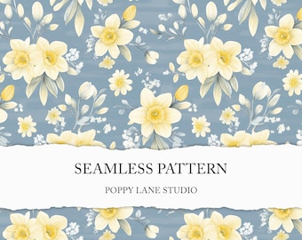 cute daffodil background, blue & yellow flower background, spring floral seamless, blue narcissus fabric pattern, daffodil seamless pattern