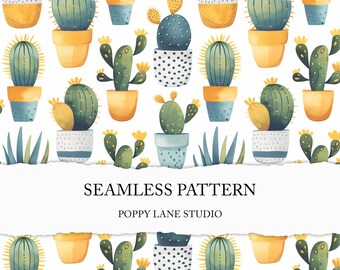 watercolour cactus seamless pattern, potted cactus background, seamless cute cactus pattern, boho cactus digital paper, cute cactus print