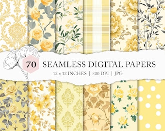 mixed yellow pattern, yellow digital paper, assorted yellow motif seamless paper, yellow floral seamless file, yellow printable damask JPEG