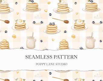 pancake background, seamless blueberry waffles pattern, cute breakfast background, blueberry pancake scrapbook paper, seamless food file JPG