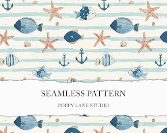 nautical doodle background, seamless fish pattern, maritime digital paper, seamless ocean background, coastal seamless pattern, cute fish