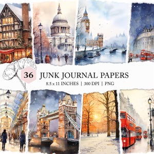 Christmas in London, London junk journal, Great Britain travel journal, watercolour London printable, London background, Xmas digital papers
