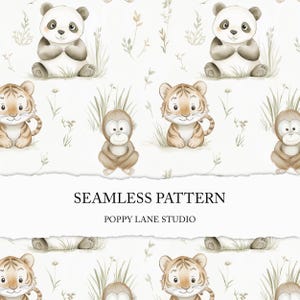 Padrão de animais asiáticos sem costura, fundo de panda, design têxtil para impressão, papel digital de orangotango bebê, sem costura para crianças, berçário de tigre fofo