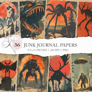 vintage cryptische illustraties, mythisch wezendagboek, monsterdagboekpapier, digitaal complotpapier, monsterplakboek, cryptische afdrukken