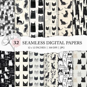 minimalistisches Katzen Muster, Strichzeichnungen Katze, digitales Papier für Katzen, einfache Katze zum Ausdrucken, Katzenliebespapiere, digitales Papier für schwarze und weiße Katzen