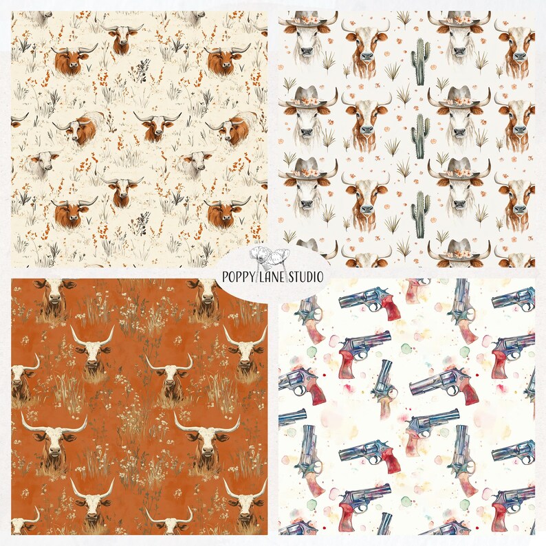 Texas Longhorn Background, Repeating Cow Pattern, Watercolour Cattle ...