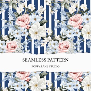 adretter französisches angeredetes blaues Blumenmuster, digitales mit Blumenpapier, niedliche blaue weiße Streifen gestreiftes Wildblumenblumenblumenrosa, Pastellblumen