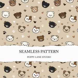 May include: A seamless pattern featuring cartoon dog faces in various colors, including brown, white, and black, along with paw prints and hearts on a tan background. The text "SEAMLESS PATTERN" and "POPPY LANE STUDIO" are displayed.
