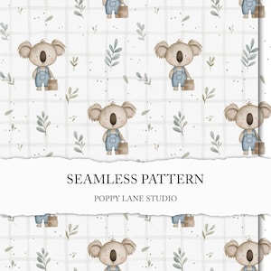 May include: Seamless pattern featuring watercolor koala bears wearing blue overalls and carrying baskets, set against a white grid background with green leaf accents. The text "SEAMLESS PATTERN" and "POPPY LANE STUDIO" are also visible.