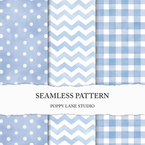 May include: A collection of seamless patterns in shades of blue and white. The patterns include polka dots, zigzags, and a gingham check design. The text "SEAMLESS PATTERN" and "POPPY LANE STUDIO" are displayed on a white banner.