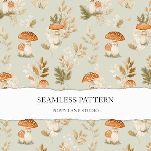 Puede incluir: Patrón sin costuras con ilustraciones de acuarela de setas y follaje en tonos marrón, naranja y verde sobre un fondo verde claro. Se muestra el texto "SEAMLESS PATTERN" y "POPPY LANE STUDIO".