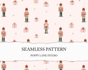 tiny nutcracker seamless file, Christmas gift background, whimsical pink Christmas digital paper, watercolor pink nutcracker digital pattern