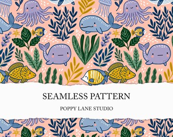 under the sea printable, marine animal pattern, kids seamless octopus background, blue whale seamless paper, nursery seamless, ocean animals