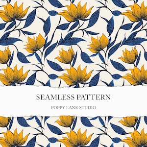 May include: A seamless pattern featuring yellow flowers with blue leaves on a cream background. The text "Seamless Pattern" and "Poppy Lane Studio" is displayed on a white torn paper banner.