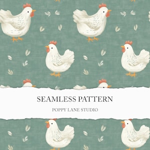 cottage living seamless pattern, cottagecore chicken pattern, seamless chicken pattern, green chicken digital file, custom chicken fabric