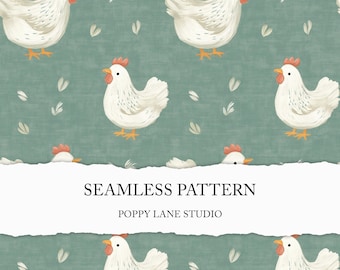 cottage living seamless pattern, cottagecore chicken pattern, seamless chicken pattern, green chicken digital file, custom chicken fabric