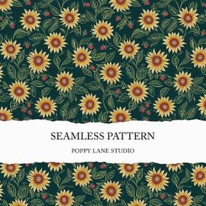 seamless sunflower background, dark green sunflower pattern, sunflower seamless pattern, sunflower digital paper, cute floral background