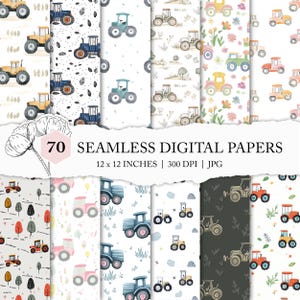 cute tractor pattern, seamless tractor fabric pattern, tractor digital paper, tractor background, farm papers, boys seamless, tractor prints image 1