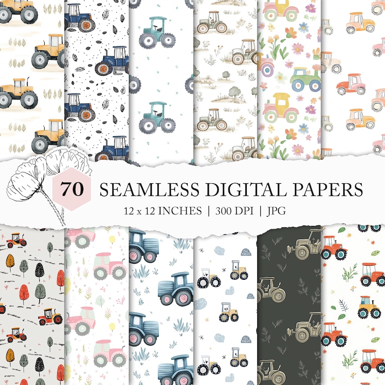 cute tractor pattern, seamless tractor fabric pattern, tractor digital paper, tractor background, farm papers, boys seamless, tractor prints image 1