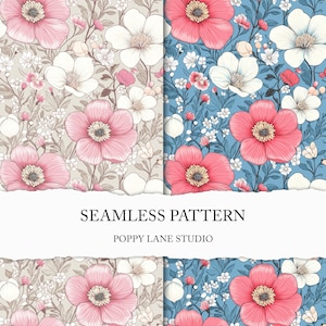 Puede incluir: Un patrón sin costuras con flores rosas y blancas sobre un fondo beige y azul. El patrón está etiquetado como "Seamless Pattern" y "Poppy Lane Studio".