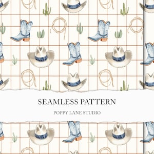 Può includere: Motivo senza cuciture con stivali da cowboy, cappelli, cactus e corda su sfondo a griglia. Il design include stivali e cappelli azzurri con una fascia a quadri blu. Sono visibili anche i testi "SEAMLESS PATTERN" e "POPPY LANE STUDIO".
