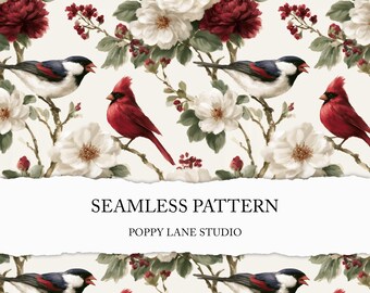 cardinal seamless pattern, red floral chinoiserie surface pattern, painterly seamless blooming rose bush, romantic chinoiserie background