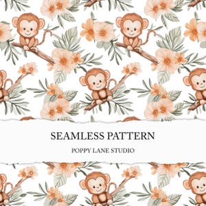 May include: A seamless pattern featuring watercolor illustrations of monkeys and flowers. The monkeys are brown and have big eyes. The flowers are orange and yellow. The background is white. The text "Seamless Pattern" and "Poppy Lane Studio" is at the bottom of the image.