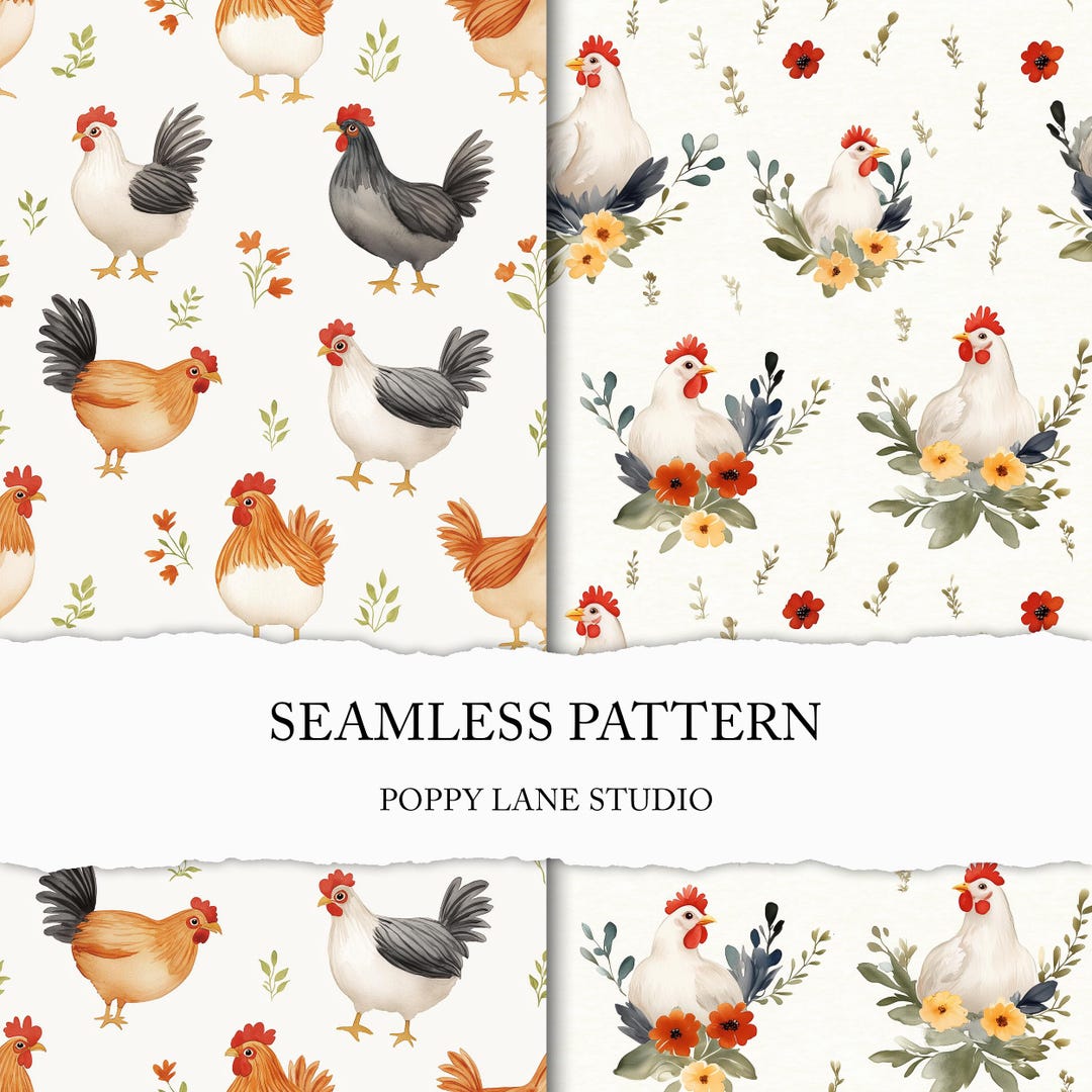 Watercolor Chicken Pattern, Chicken Digital Paper, Cottagecore Chicken ...