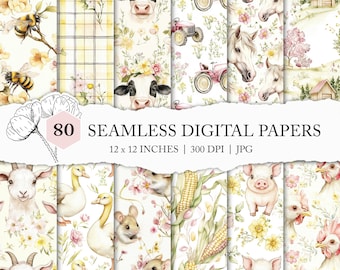 watercolour farm animals, seamless farm pattern, pastel watercolour cottagecore, chicken pattern, cow digital paper, farmhouse background