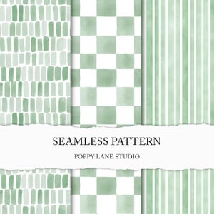 May include: A collection of seamless patterns in shades of green, including vertical stripes, a checkerboard design, and a pattern of rectangular shapes. The text "SEAMLESS PATTERN" and "POPPY LANE STUDIO" are displayed on a torn paper strip.