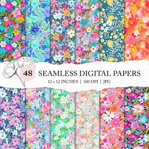 Patrón de flores ditsy, papel digital de flores pequeñas de estilo preppy, fondo de flores ditsy coloridas, flores silvestres pequeñas imprimibles, papel de flores de primavera