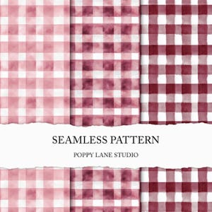 May include: Seamless pattern designs in shades of pink and burgundy, featuring a watercolor gingham check. The text "SEAMLESS PATTERN" and "POPPY LANE STUDIO" are displayed below the patterns. The designs are suitable for various craft projects.