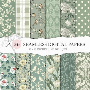 salbeigrüne Muster, salbeigrünes digitales Papier, olivgrünes Scrapbookpapier, grünes Motiv-Mix, grünes Damastpapier, grüne Blumen zum Ausdrucken