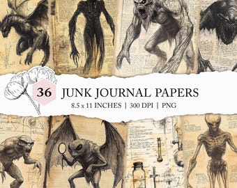 cryptid sketches, mythical creature junk journal, monster digital paper, monster junk journal, conspiracy scrapbook, cryptid journal pages