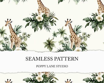 botanical giraffe seamless pattern, watercolour giraffe digital paper, giraffe background, seamless floral giraffe scrapbook, giraffe print