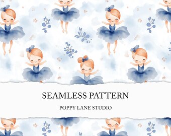 blue ballerina seamless pattern, cute ballerina digital paper, blue ballerina girl, watercolor ballerina custom fabric, dancing girl pattern